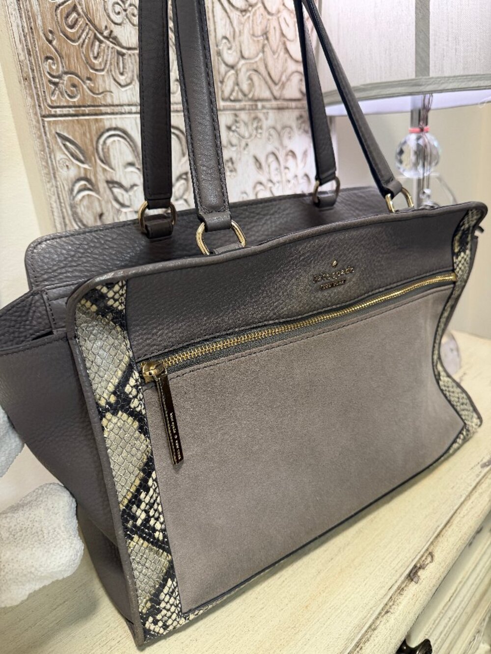 Kate Spade Gray Tote Bag with Snakeskin Print & Gold Hardware